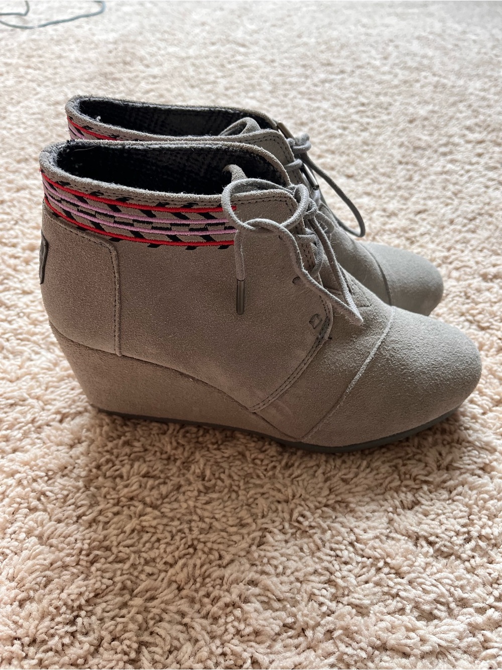 Toms Gray Suede Wedge Ankle Boots with Pink Accent Trim